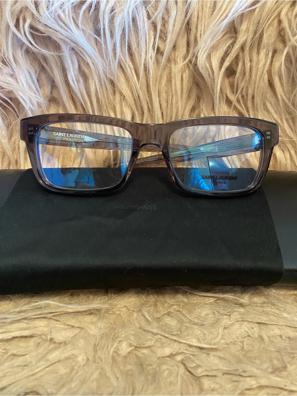 Saint Laurent Translucent Brown Rectangular Eyeglass Frames